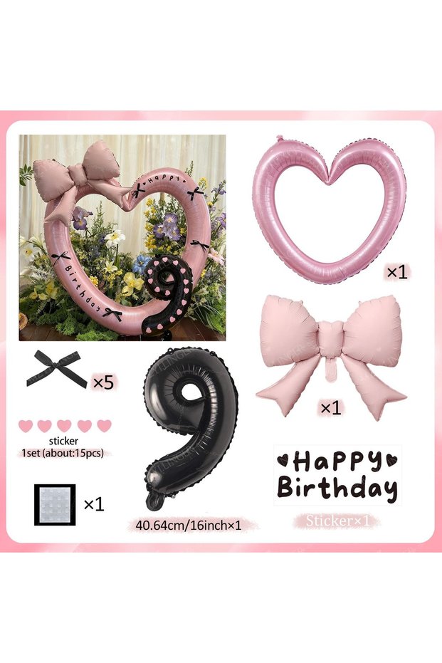 Other 9 Pink Heart-Shaped balloon Set with Bow and Digital balloon Heart and Birthday stickers for B