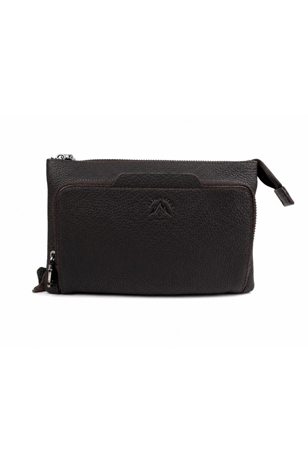 Men's Genuine Leather Brown Multi-Compartment Zippered Handbag and Portfolio Bag