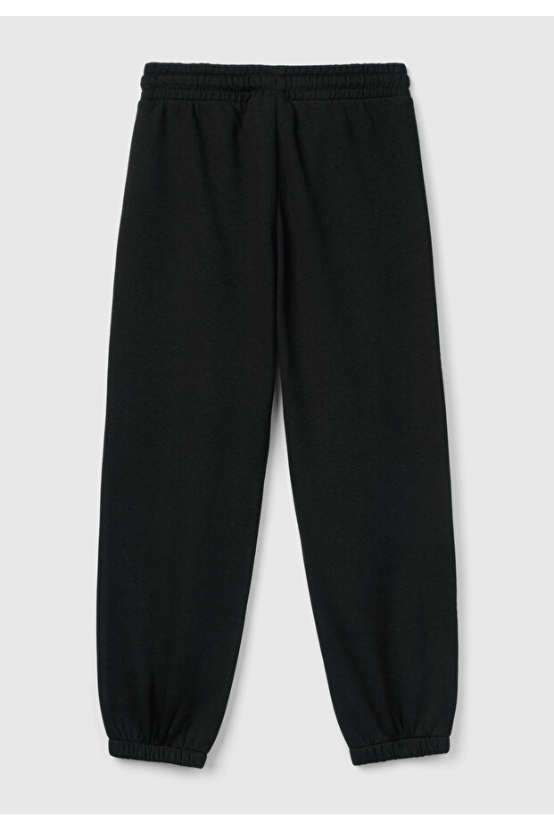 Girl's Black Elastic Waist Drawstring Elastic Cuff Sweatpants Brushed Inside