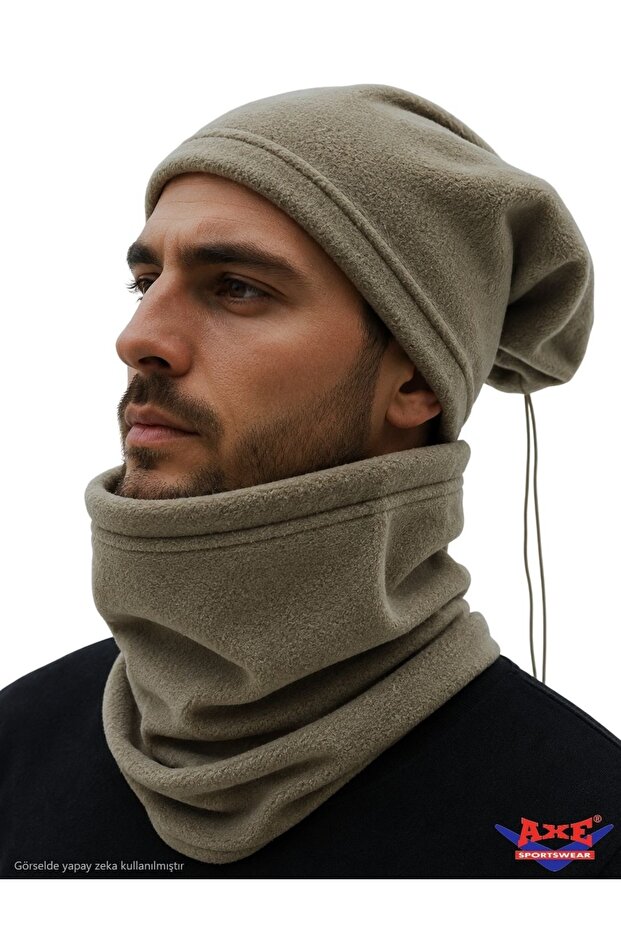 Winter Nano Green Hat Beanie Convertible Drawstring Thermal Fleece Neck Collar Set of 2