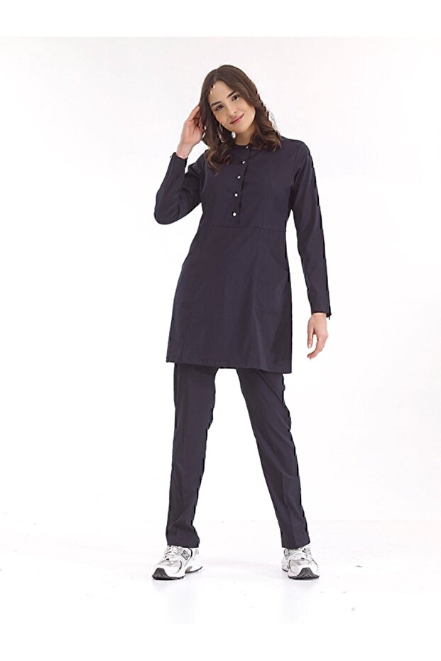 Navy Blue Zippered Hijab Doctor Nurse Medical Scrubs Set Luxury Lycra Fabric