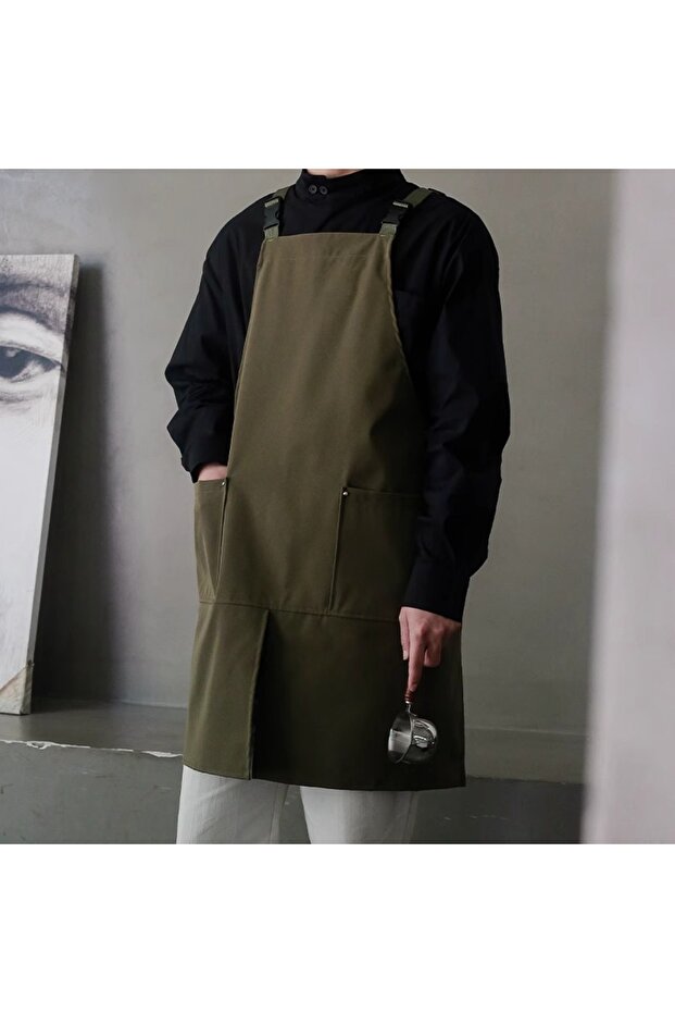 Dark Green Front Split Polyester Waterproof Apron with Pockets for Men and Women Salon Coffee Shop K