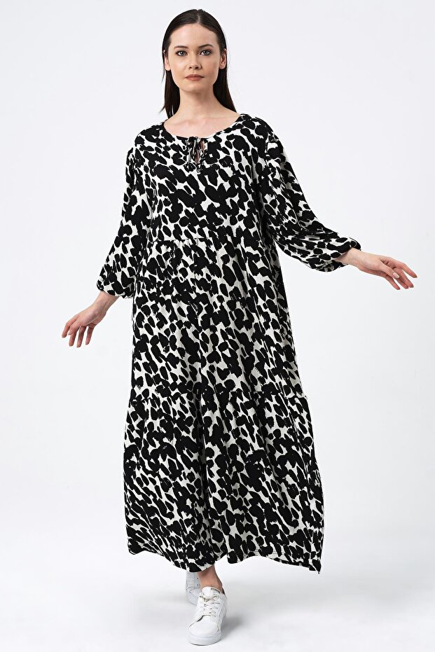 فستان طويل منقوش برباط على الرقبة (B22-484A)