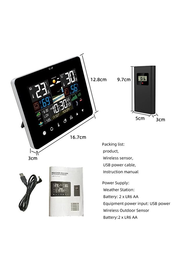 Package FJ3362G Weather Station Alarm Clock Thermometer Hygrometer Touch Screen Wireless Sensor Sunr