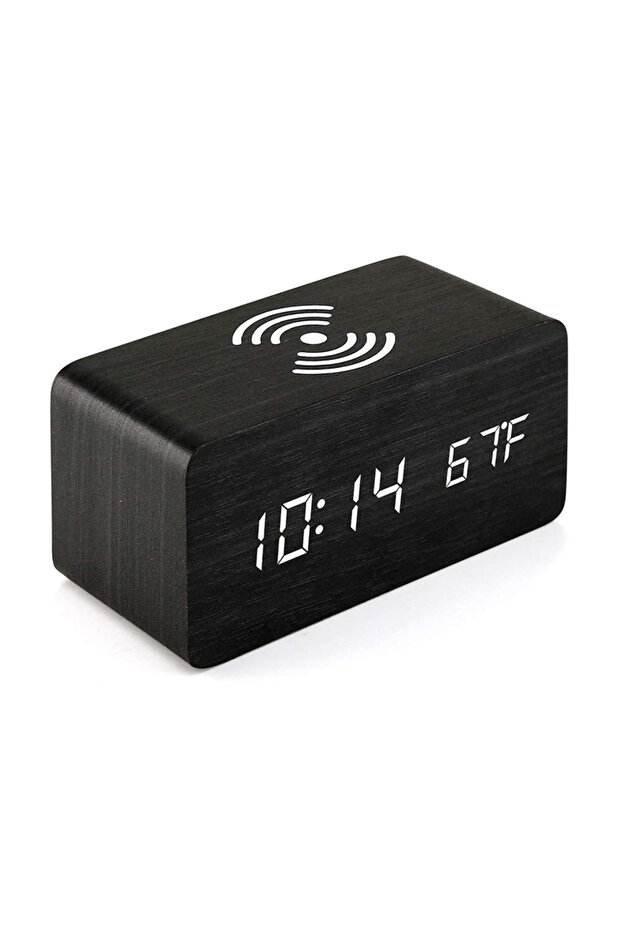 Black-Charging Wooden Digital Alarm Clock with Phone charging LED Clock with Time Date Temperature,