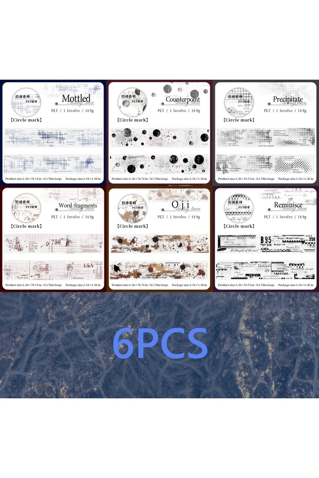 6 لفات مجموعة من 6 لفات شريط PET بتصميم كولاج مرقط مقاس 3.5 سم × 200 سم - سلسلة الرسم - Wa