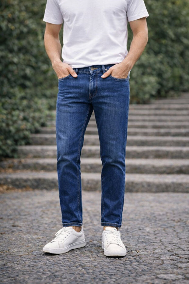 Men's Slim Fit Navy Blue Jeans – Folded Hem, Natural Wash