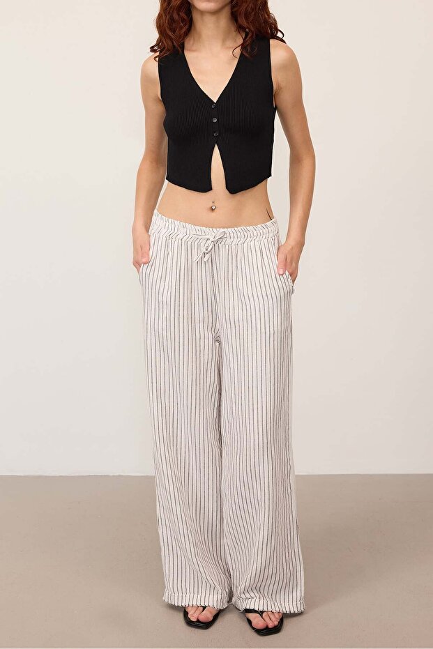 Elastic Waist Striped Wide Leg Trousers Pn13731-K9