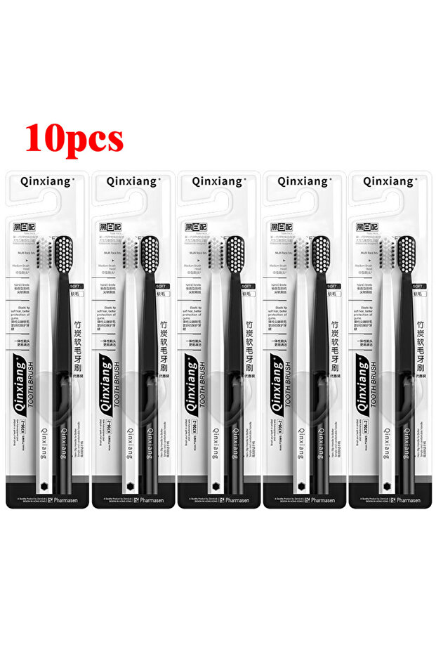 694-10pcs 2/4/10PC Bamboo Charcoal Brush Silk Soft Bristle Toothbrushes, Black and White MEN'S AND W