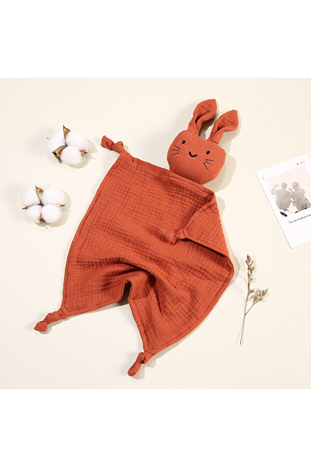 Brick red Baby Cotton Muslin Comfortable Blanket Cute Cat Doll For Infant Kids Sleep Appease Towel C