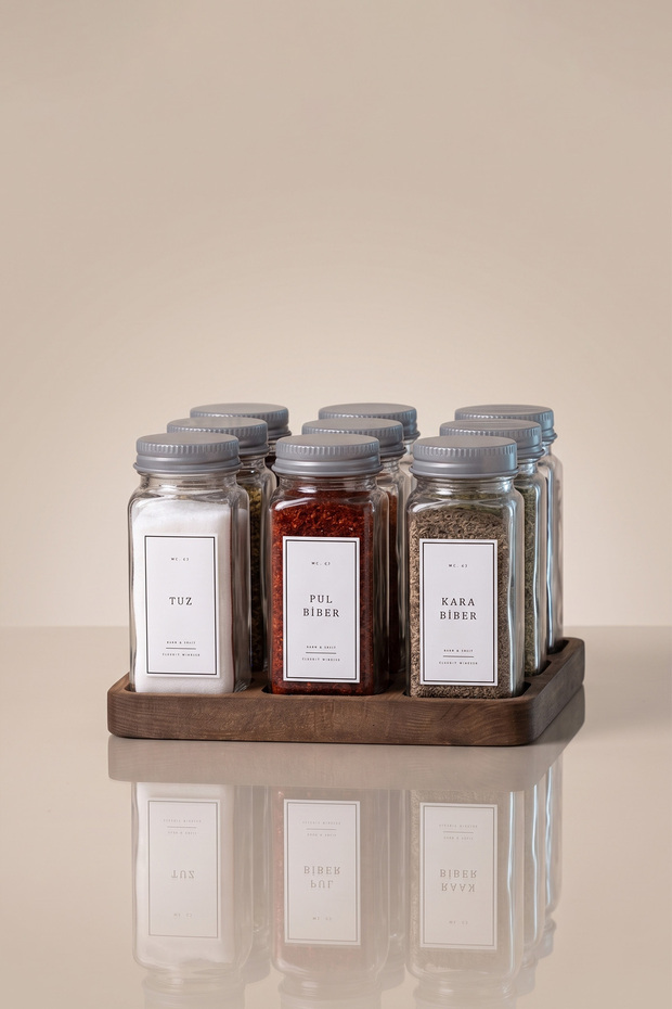 9-Piece Glass Spice Jar Set with Wooden Stand | 120 ml | Silver Cover White Label | Minimal Design