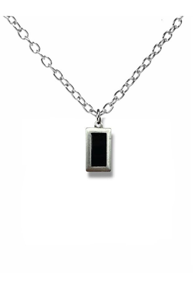 Black Rectangular Figured Necklace – Unisex Minimal Design (60 cm Chain)