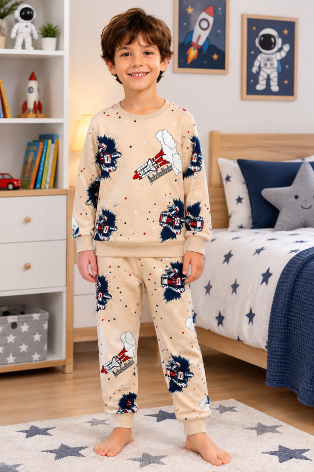 Boy's Cotton Beige Color Space Missile Patterned Long Sleeve Seasonal Pajama Set