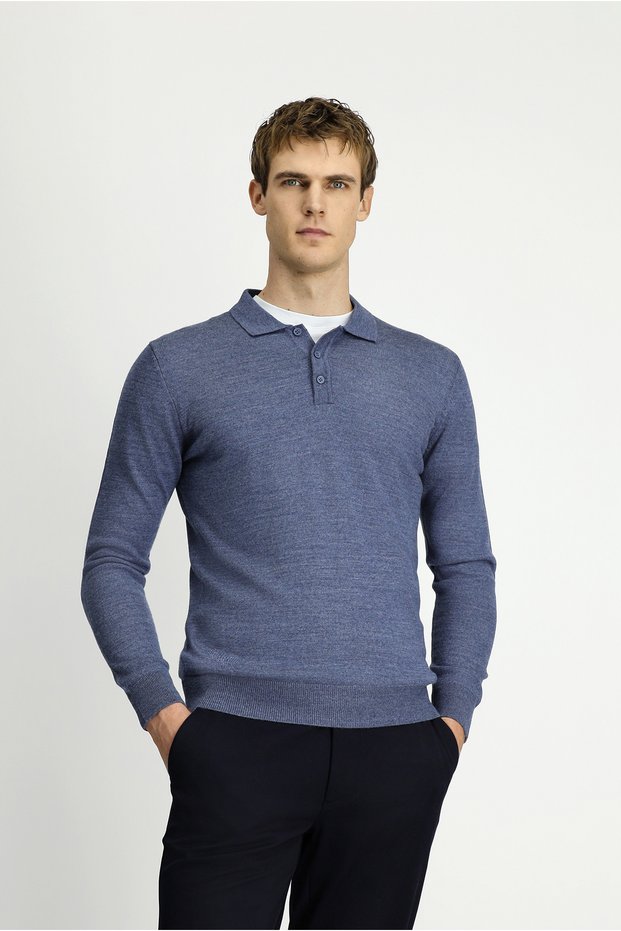 Polo Neck Buttoned Regular Fit Warm Wool Knit Sweater