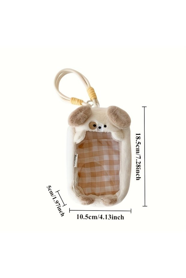 Beige Cartoon puppy and kitten shaped luggage bag with pendant - Cute brown plush toy storage and or