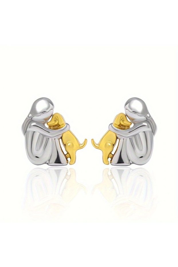 two tone Fashion Gold Silver Plated Little Girl and Dog Stud Earrings Kawaii Puppy Earrings For Wome