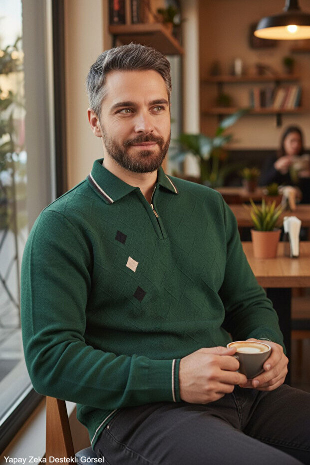 Men's Nefti Non-Pilling Standard Fit Regular Cut Embroidery Pattern Polo Collar Knitwear Sweater