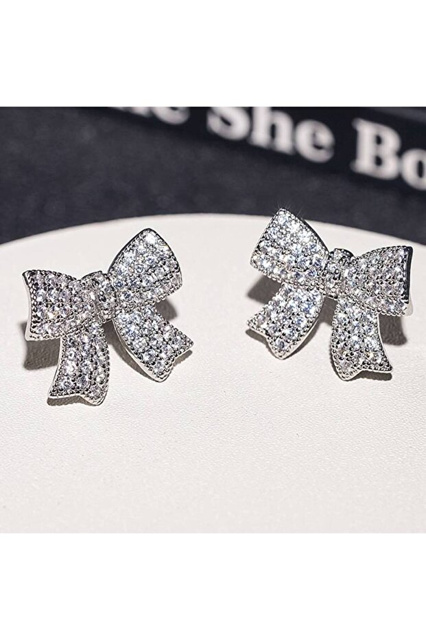 E4902 Huitan Aesthetic Women Stud Earrings Full Shining CZ Bowknot Shaped Engagement Party Elegant A