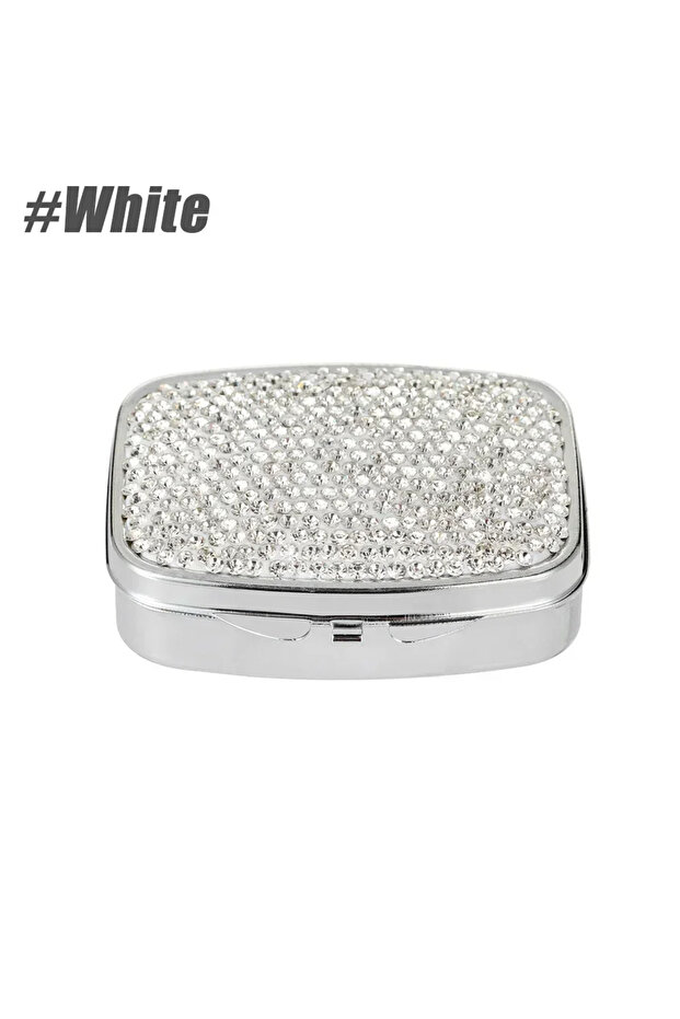 Square White Portable Bling Crystal Pill Box 2 Compartments Daily Pill Organizer Small Travel Pill C