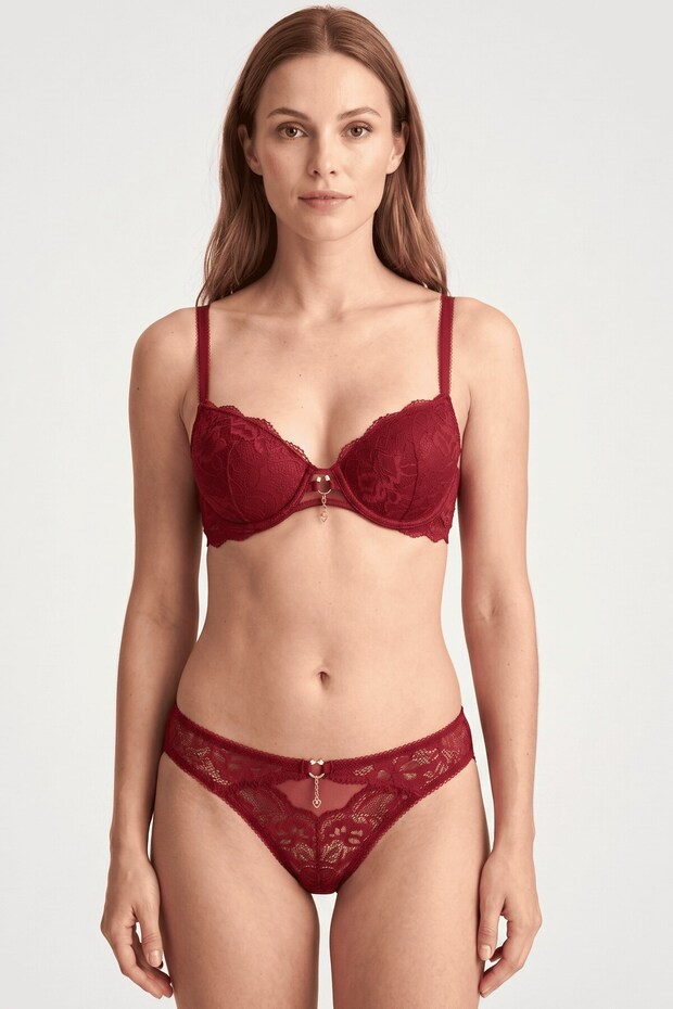 Women's Burgundy Lace Supported Bra Set with Padded Accessories Lingerie Set