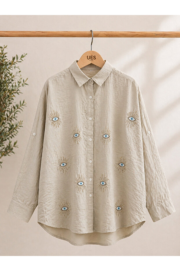 Women's Beige Evil Eye Beaded Embroidered Shirt