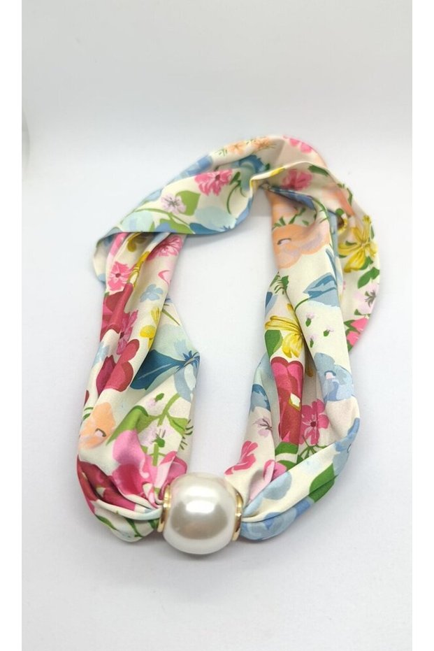 Colorful Floral Patterned Energetic Romantic Style Pearl Scarf Necklace (44 cm)