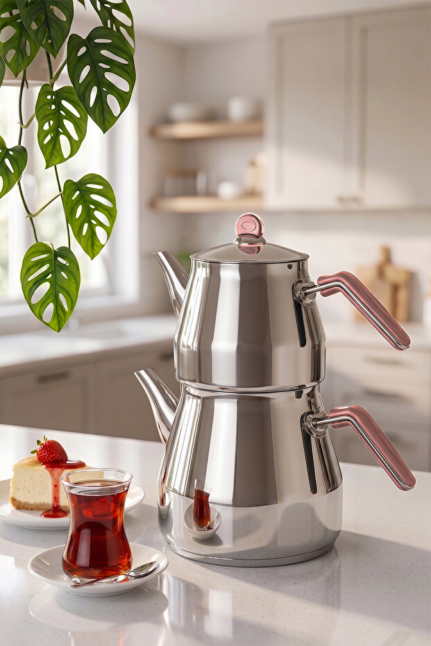 1027-1 Prizma Bakelite Metal Handle Mega Size Stainless Steel Teapot Set Rose - 2,20-4 Lt