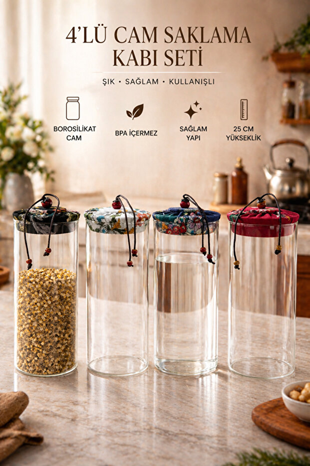 Set of 4 Glass Jar Storage Containers, 1000 Ml, Diameter: 8 Cm, Height: 25 Cm, Stylish, Practical and Decorative