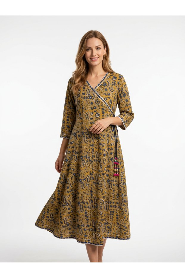 Rochie midi din bumbac imprimat manual