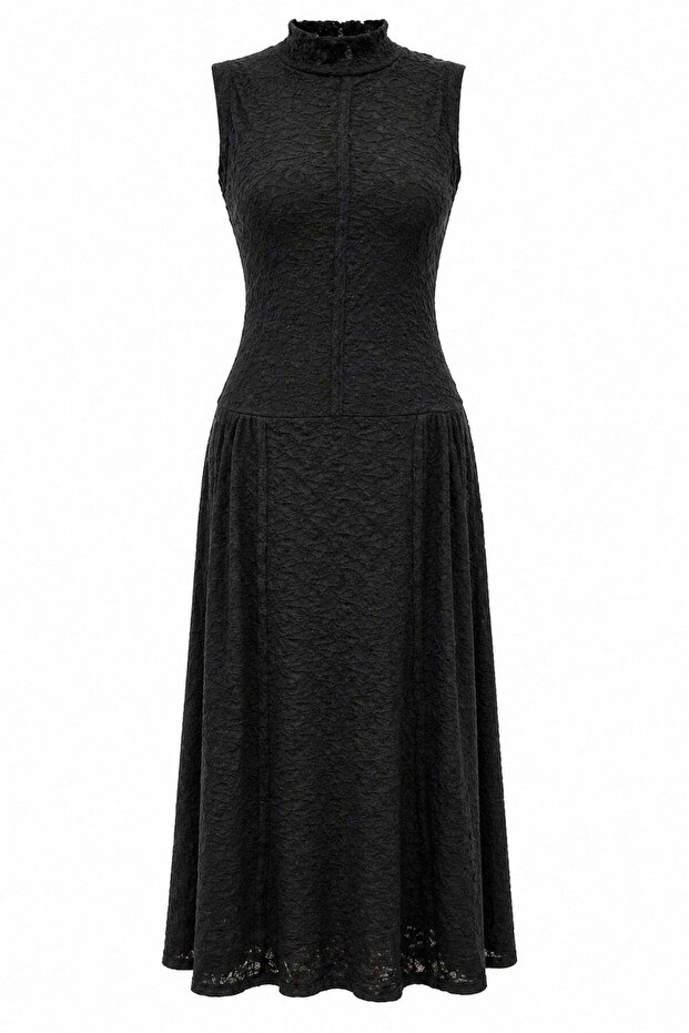 2107 women's stand collar lace texture sleeveless midi dress black