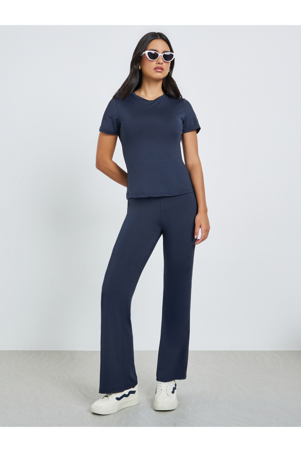 Dark Blue Solid T-Shirt and Flared Leggings Co-Ords