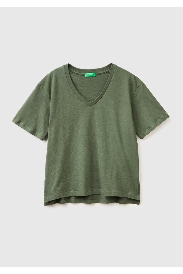 Women's Khaki 100% Cotton Classic V-Neck T-Shirt