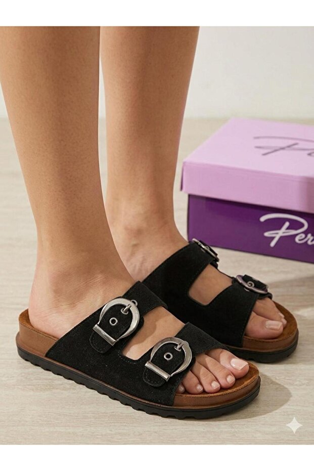 Black Double Buckle Full Orthopedic Daily Slippers