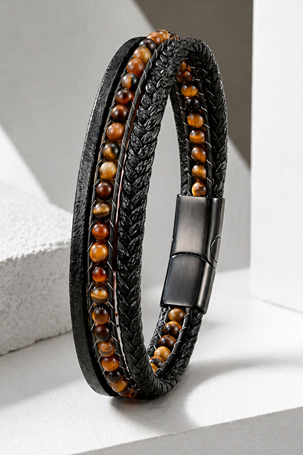 Men's Black Agate Stone Leather Bracelet Multi-Layered Black Weave Design Stylish Bracelet with Steel Clip