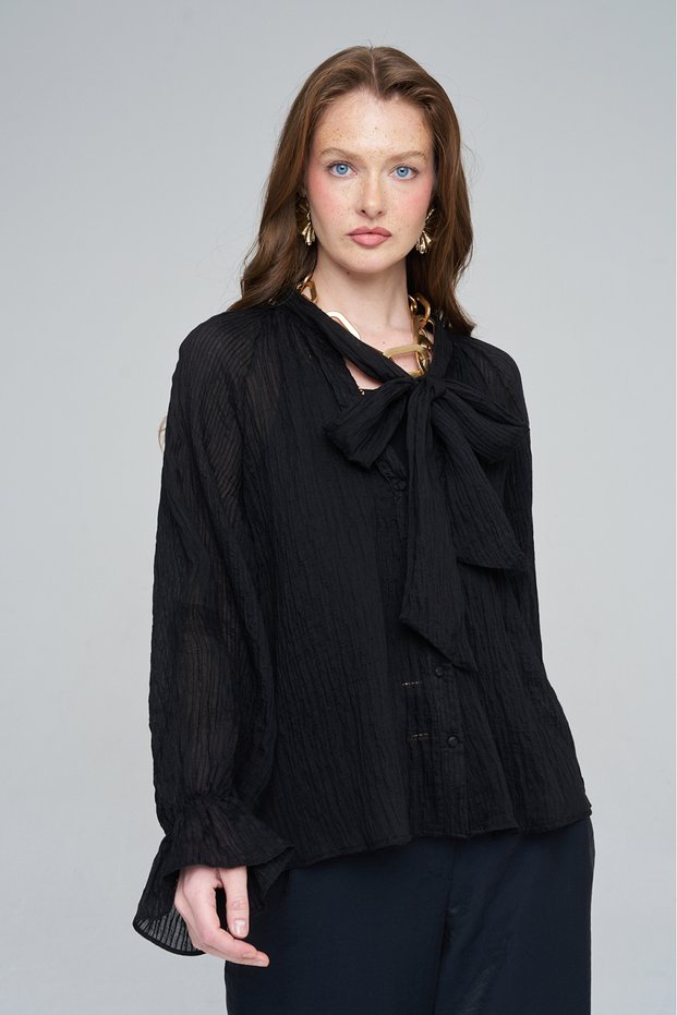 Women's Scarf Collar Lightly Striped Transparent Sleeves Gathered Shirt