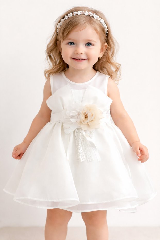 Pri̇ncess Ci̇ndy Flower-Detail Evening Dress for Ages 6-24 Months - Ecru