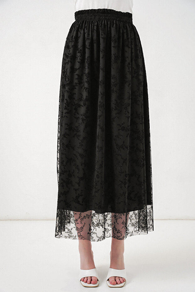 Women's Flock Printed Lined Skirt 8076 - Black