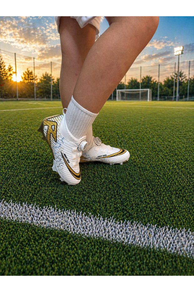 Smart Laces Automatic Boys' Football Cleats Astroturf Field Shoes with Threaded High-Top Socks in White Gold Color
