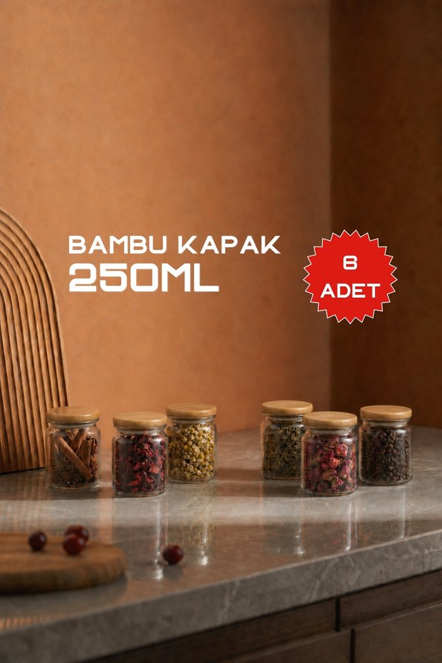 Glass Jar with Bamboo Lid 250 ml (6 Pieces) – Spice Jar/Jar Set, 7X10 Cm, Storage Jar with Lid