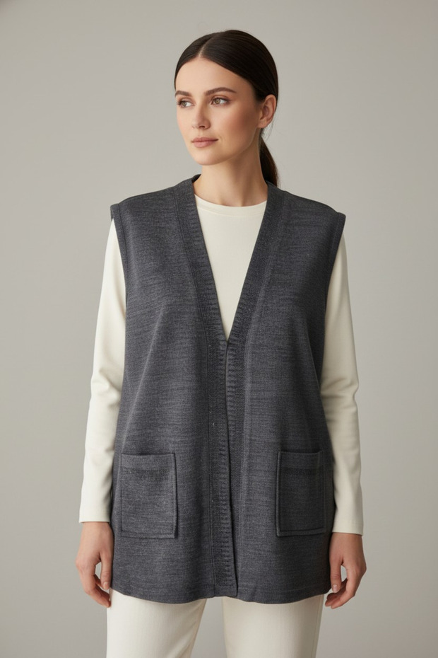 Plus Size Boat Neck Sleeveless Pocketed Short Acrylic Steel Knit Knitwear Vest Daily Casual Vest