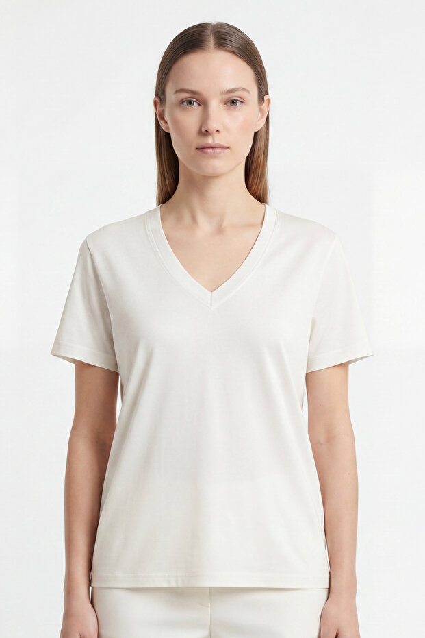Women's Vision V-Neck Premium Quality Dense Textured Cotton T-Shirt Cream W102-R0220-02