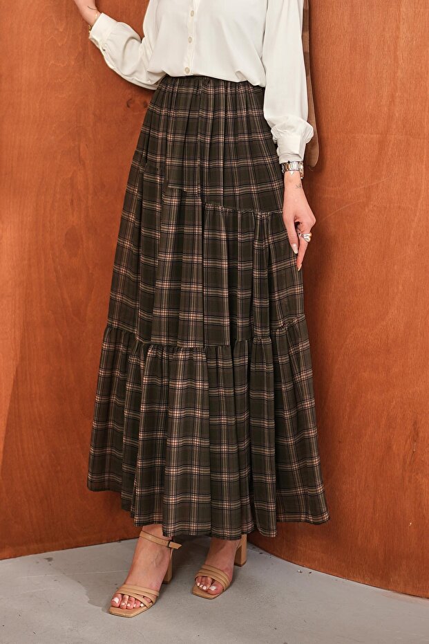 Khaki Layered Patterned Chiffon Skirt