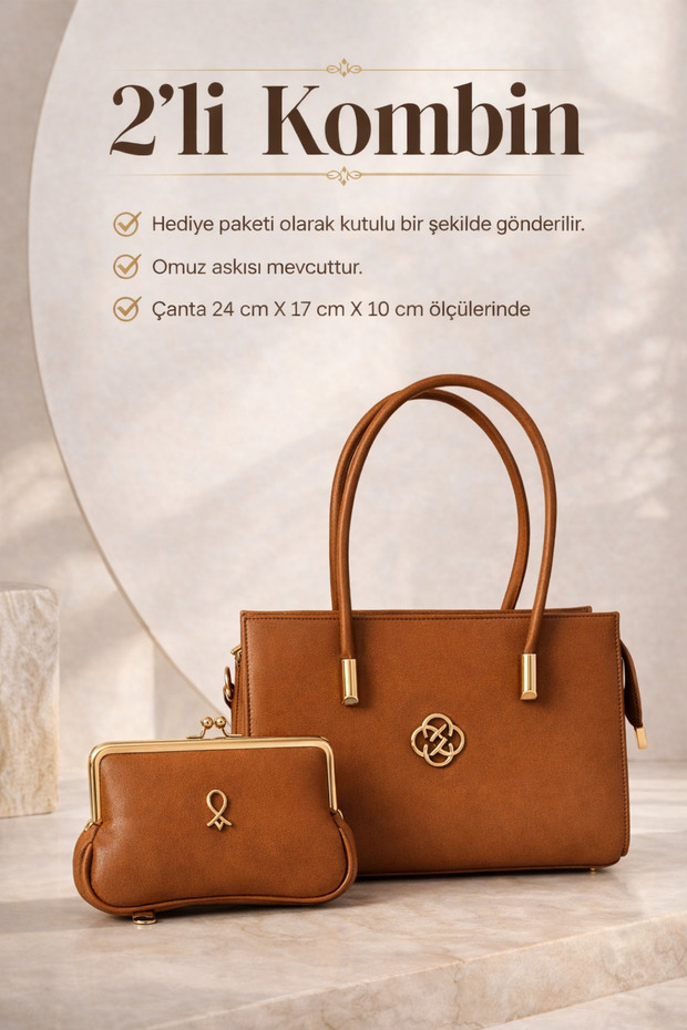 Women's Tan Handbag with Adjustable Strap Daily Shoulder Bag 2-Piece Combination