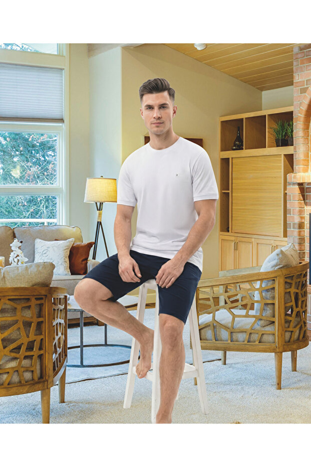 Men's Pajama Set 100% Cotton Short Sleeve Shorts White Color Top-Bottom Set