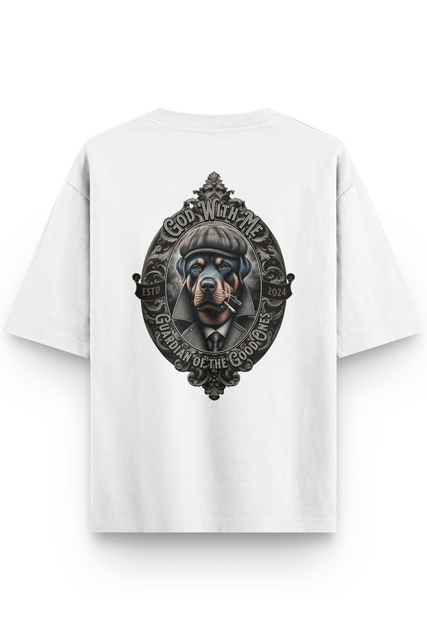 Women's / Men's Semi Oversize T-Shirt Guardian Dog Rottweiler Dog Back Printed White T-Shirt 1402