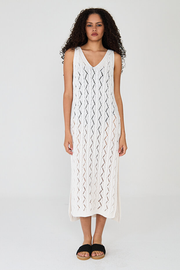 V-Neck Openwork Slit Sleeveless Knitwear Dress