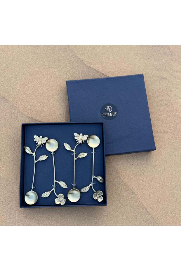 The Golden Meadow Spoon Set of 4 – 15cm Hand-Cast Brass & Stainless Steel Tea Spoons with Floral, Bee & Butterfly Detailing – Elegant Tableware & Gift Set