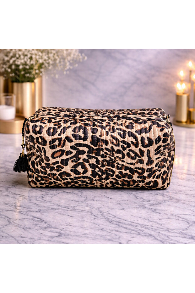 Leopard Handmade Block Printed Cotton Pouch – Large Waterproof Cosmetic & Toiletry Travel Organizer Bag (25 × 12 × 12 cm)