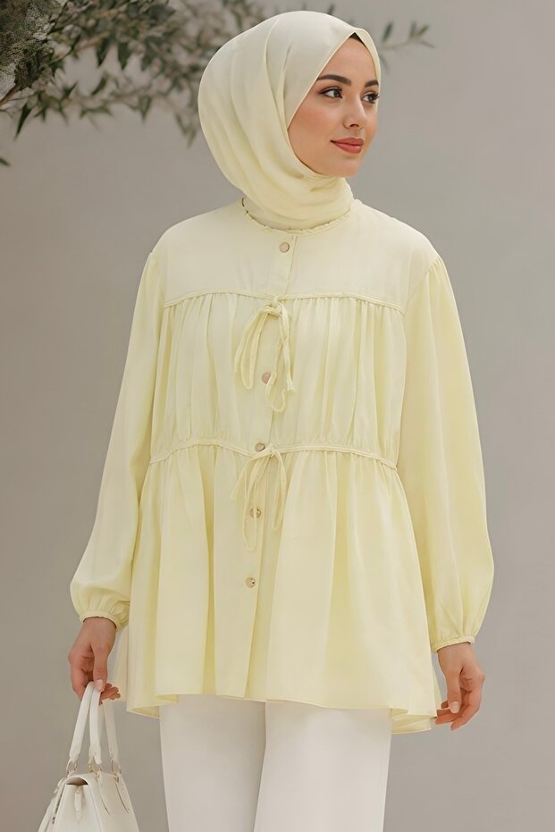 Yellow Front Tie Gathered Shirt