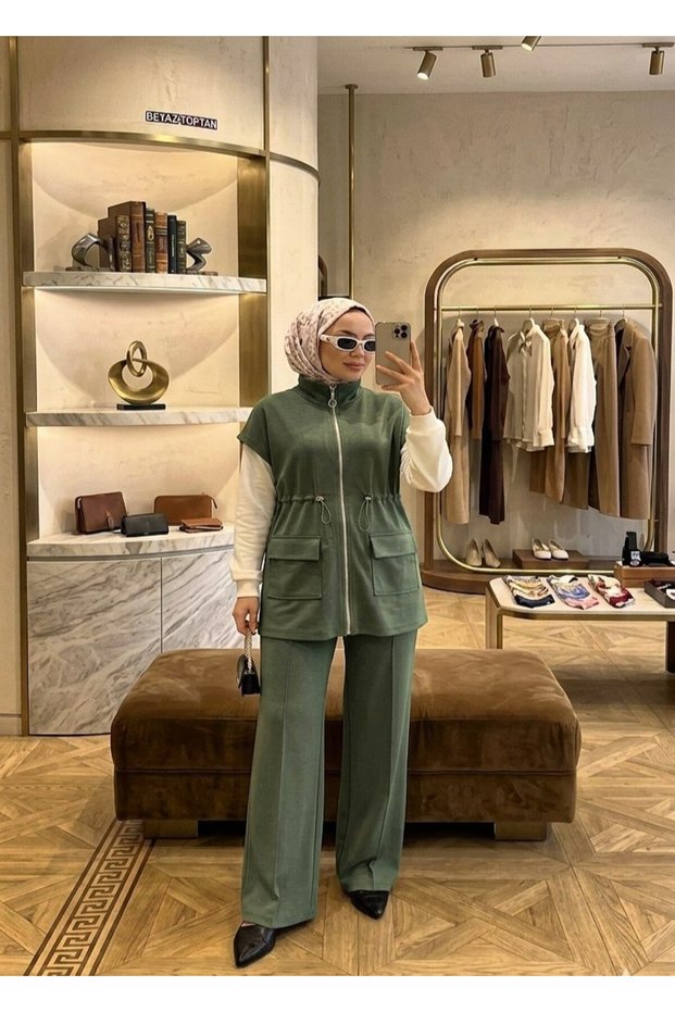 Women's Sporty Stylish Hijab Combination Zippered Vest Pants Set - New Season